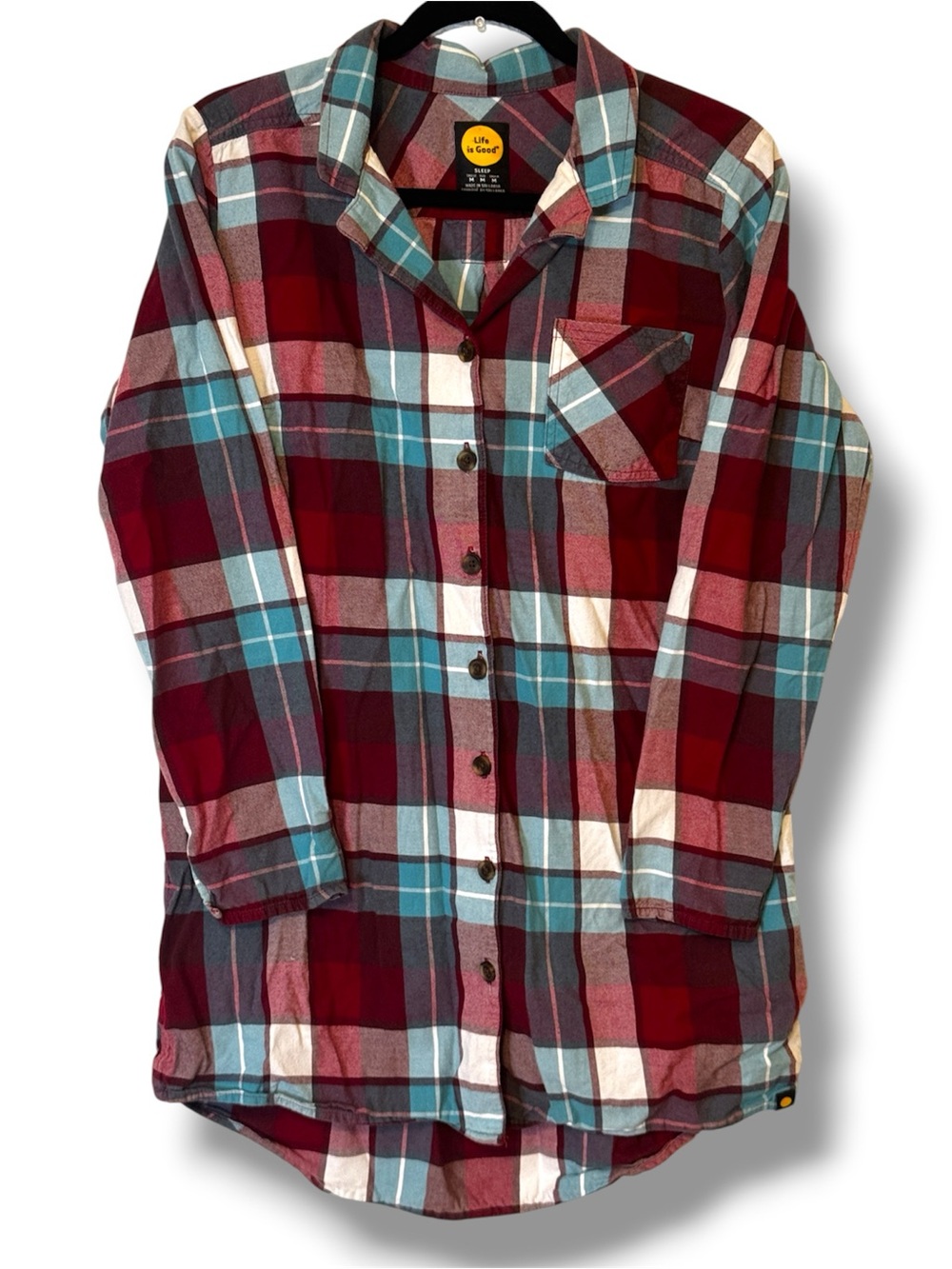 Life Is Good Plaid Sleep Shirt in Burgundy, Teal & White med